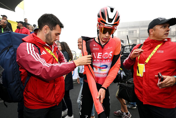 Thymen Arensman makes is way to the podium and press conference after winning stage 14 at the 2025 Tour de France