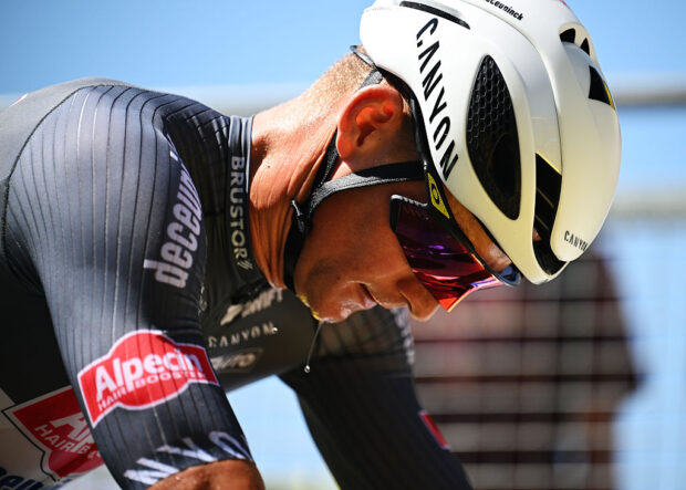 PEYRAGUDES, FRANCE - JULY 18: Mathieu van der Poel of Netherlands and Team Alpecin - Deceuninck crosses the finish line during the 112th Tour de France 2025, Stage 13 a 10.9km individual time trial stage from Loudenvielle to Peyragudes 1561m / #UCIWT / on July 18, 2025 in Peyragudes, France. (Photo by Tim de Waele/Getty Images)