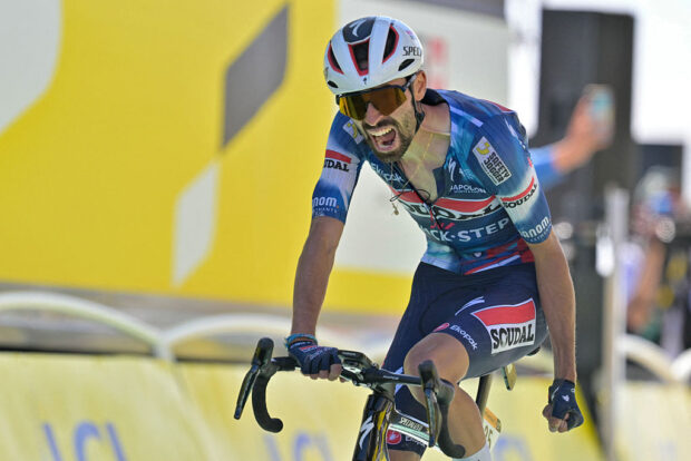 Soudal Quick-Step team's French rider Valentin Paret-Peintre cycles to the finish line to win the 16th stage of the 112th edition of the Tour de France cycling race, 171.5 km between Montpellier and Mont Ventoux, southern France, on July 22, 2025. (Photo by Loic VENANCE / AFP)