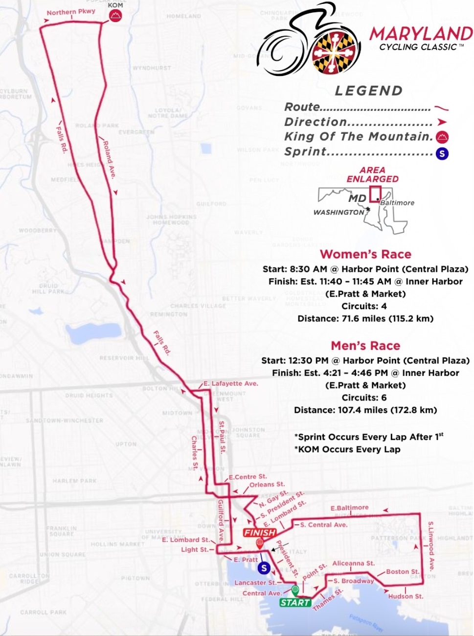 Mapa de ruta para carreras de hombres y mujeres en 2025 Maryland Cycling Classic