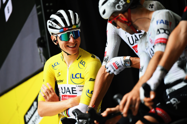 NANTUA, FRANCE - JULY 26: Tadej Pogacar of Slovenia and UAE Team Emirates - XRG - Yellow leader jersey prior to the 112th Tour de France 2025, Stage 20 a 184.2km stage from Nantua to Pontarlier / #UCIWT / on July 26, 2025 in Nantua, France. (Photo by Dario Belingheri/Getty Images)