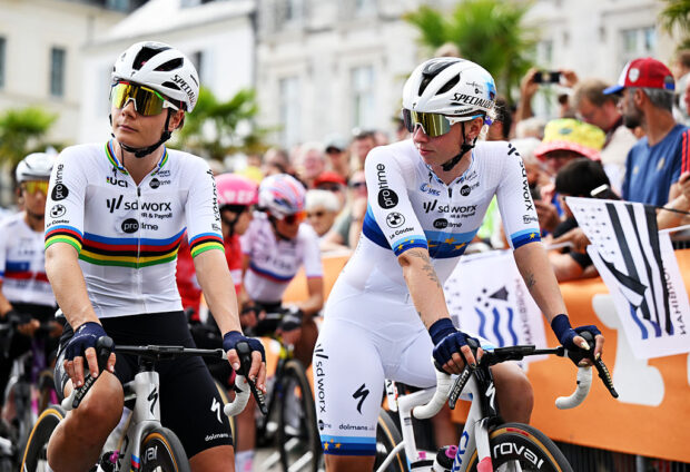 Lotte Kopecky of Belgium and Lorena Wiebes of Netherlands and Team SD Worx - Protime prior to the 4th Tour de France Femmes 2025, Stage 1 a 78.8km stage from Vannes to Plumelec / #UCIWWT / on July 26, 2025 in Vannes, France. (Photo by Szymon Gruchalski/Getty Images)