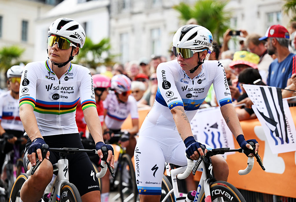 Lotte Kopecky of Belgium and Lorena Wiebes of Netherlands and Team SD Worx - Protime prior to the 4th Tour de France Femmes 2025, Stage 1 a 78.8km stage from Vannes to Plumelec / #UCIWWT / on July 26, 2025 in Vannes, France. (Photo by Szymon Gruchalski/Getty Images)