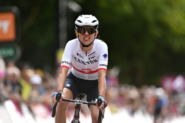 PLUMELEC, FRANCE - JULY 26: Katarzyna Niewiadoma of Poland and Team CANYON//SRAM zondacrypto crosses the finish line during the 4th Tour de France Femmes 2025, Stage 1 a 78.8km stage from Vannes to Plumelec / #UCIWWT / on July 26, 2025 in Plumelec, France. (Photo by Szymon Gruchalski/Getty Images)