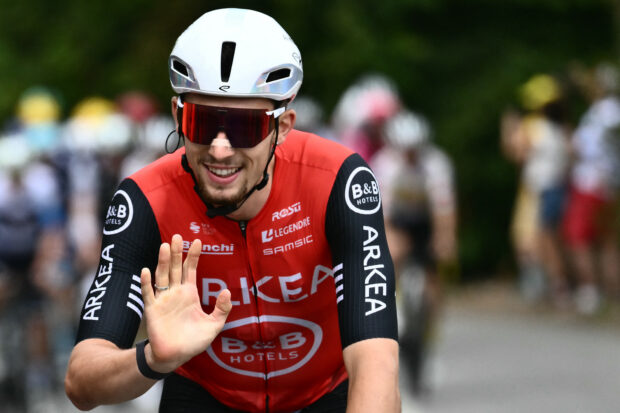Arkea-B&amp;B Hotels team's French rider Kevin Vauquelin cycles at the start of the 21st and final stage of the 112th edition of the Tour de France cycling race, 132.3 km between Mantes-la-Ville and Paris Champs-Elysees Avenue, on July 27, 2025. (Photo by Marco BERTORELLO / AFP) (Photo by MARCO BERTORELLO/AFP via Getty Images)
