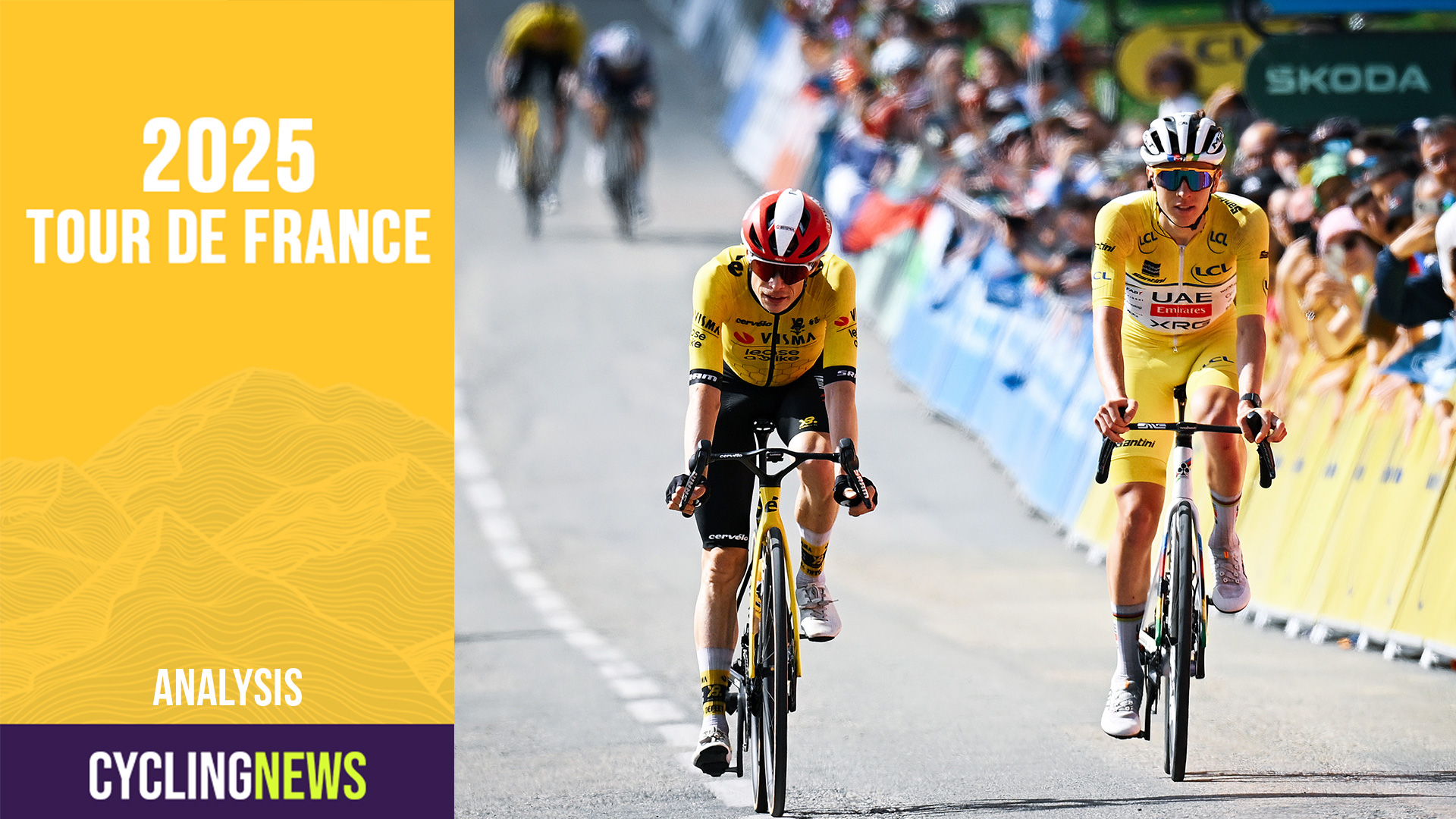Cenis, Francia - 15 de junio: (LR) Jonas Vingegaard de Dinamarca y Team Visma | Arrendar una bicicleta y Tadej Pogacar de Eslovenia y Emirates del equipo de los EAU-XRG-El líder amarillo Jersey cruza la línea de meta durante el 77º Criterium du Dauphine 2025, etapa 8 A 133.3 km en la etapa de Val-D & #039; Arc to Plate Du Mont-Cenis 2095M / #uciwt / en junio, 2025 en el plato du Mont. (Foto de Dario Belingheri/Getty Images)