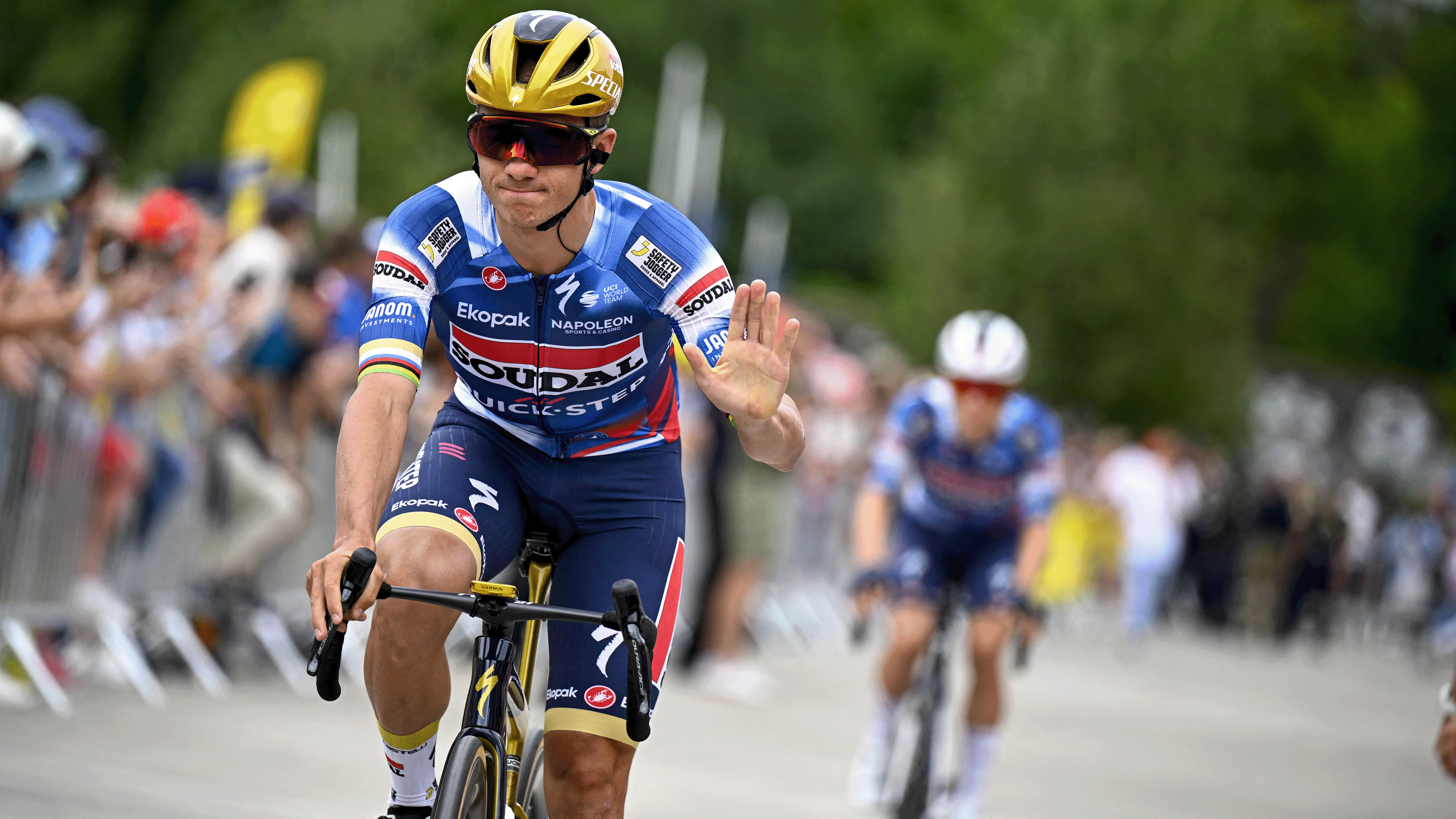 El belga Remco Evenepoel de Soudal rápido en el comienzo de la primera etapa, Lille Metropole a Lille Metropole (185 km), de la carrera de ciclismo Tour de France 2025, en Lille, Francia, el sábado 05 de julio de 2025. La 112ª edición de la Tour de Francia comienza el sábado 5 de julio en Lille, France, y Will en Paris, Francia, Francia de la 27 años. Foto de Belga Jasper Jacobs (Foto de Jasper Jacobs / Belga Mag / Belga Via AFP) (Foto de Jasper Jacobs / Belga Mag / AFP a través de Getty Images)