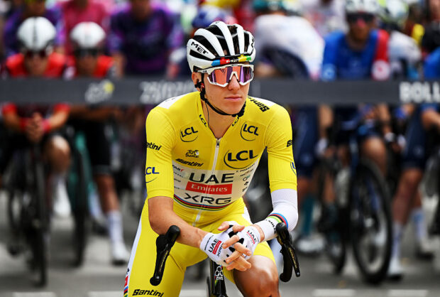 BOLLENE, FRANCE - JULY 23: Tadej Pogacar of Slovenia and UAE Team Emirates - XRG - Yellow leader jersey prior to the 112th Tour de France 2025, Stage 17 a 160.4km stage from Bollene to Valence / #UCIWT / on July 23, 2025 in Bollene, France. (Photo by Dario Belingheri/Getty Images)
