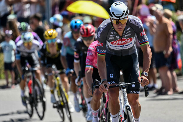 Alpecin - Deceuninck team's Dutch rider Mathieu van der Poel leads a breakaway during the 6th stage of the 112th edition of the Tour de France cycling race, 201.5 km between Bayeux and Vire Normandie, Northwestern France, on July 10, 2025. (Photo by Marco BERTORELLO / AFP)