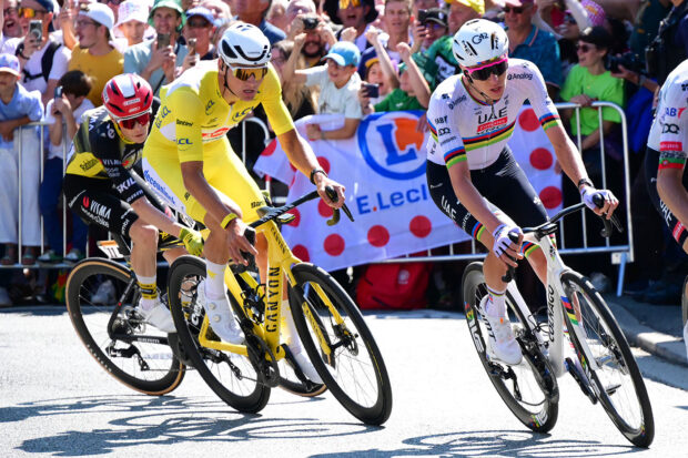 ROUEN, FRANCE - JULY 08: (L-R) Mathieu van der Poel of Netherlands and Team Alpecin - Deceuninck - Yellow Leader Jersey, Tadej Pogacar of Slovenia and Joao Almeida of Portugal and UAE Team Emirates - XRG attack during the 112th Tour de France, Stage 4 a 174.2km stage from Amiens Metropole to Rouen / #UCIWT / on July 08, 2025 in Rouen, France. (Photo by Bernard Papon - Pool/Getty Images)