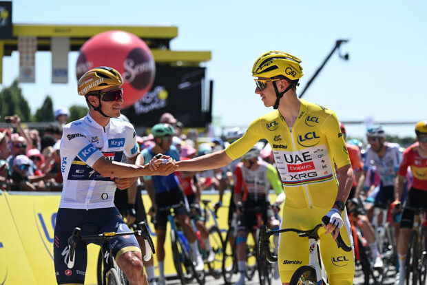 SAINT-MEEN-LE-GRAND, FRANCE - JULY 12: (L-R) Remco Evenepoel of Belgium and Team Soudal Quick-Step - White best young jersey and Tadej Pogacar of Slovenia and UAE Team Emirates - XRG - Yellow leader jersey prior to the 112th Tour de France, Stage 8 a 197km stage from Saint-Meen-le-Grand to Laval (Espace Mayenne) / #UCIWT / on July 12, 2025 in Saint-Meen-le-Grand, France. (Photo by Tim de Waele/Getty Images)