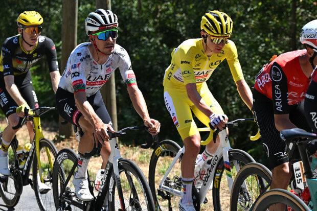 Joao Almeida of Portugal and Tadej Pogacar of Slovenia and UAE Team Emirates - XRG - Yellow leader jersey compete during the 112th Tour de France, Stage 6 a 201.5km stage from Bayeux to Vire Normandie