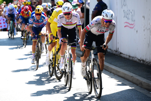 ROUEN, FRANCE - JULY 08: (L-R) Mathieu van der Poel of Netherlands and Team Alpecin - Deceuninck - Yellow Leader Jersey, Tadej Pogacar of Slovenia and Joao Almeida of Portugal and UAE Team Emirates - XRG attack during the 112th Tour de France, Stage 4 a 174.2km stage from Amiens Metropole to Rouen / #UCIWT / on July 08, 2025 in Rouen, France. (Photo by Bernard Papon - Pool/Getty Images)