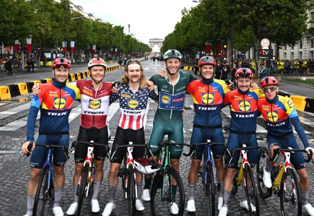 PARIS - CHAMPS-ELYSEES, FRANCE - JULY 27: A general view of Simone Consonni of Italy, Jonathan Milan of Italy - Green points jersey, Thibau Nys of Belgium, Quinn Simmons of United States, Toms Skujins of Latvia, Jasper Stuyven of Belgium, Edward Theuns of Belgium and Team Lidl - Trek react after the 112th Tour de France 2025, Stage 21 a 132.3km stage from Mantes-la-Ville to Paris - Champs-Elysees / #UCIWT / on July 27, 2025 in Paris - Champs-Elysees, France. (Photo by Tim de Waele/Getty Images)