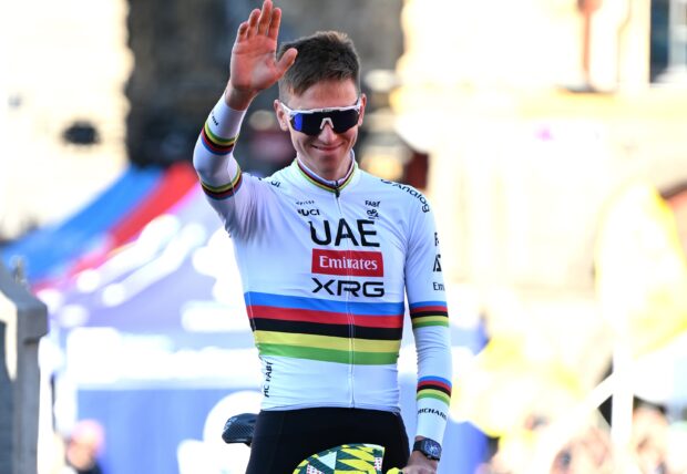 LILLE, FRANCE - JULY 03: Tadej Pogacar of Slovenia and UAE Team Emirates - XRG during the team presentation prior to the 112th Tour de France 2025 / #UCIWT / on July 03, 2025 in Lille, France. (Photo by Tim de Waele/Getty Images)