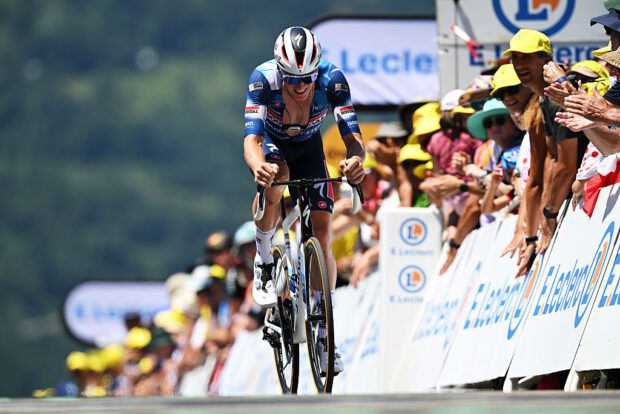 PEYRAGUDES, FRANCE - JULY 18: Tim Merlier of Belgium and Team Soudal Quick-Step crosses the finish line during the 112th Tour de France 2025, Stage 13 a 10.9km individual time trial stage from Loudenvielle to Peyragudes 1561m / #UCIWT / on July 18, 2025 in Peyragudes, France. (Photo by Tim de Waele/Getty Images)