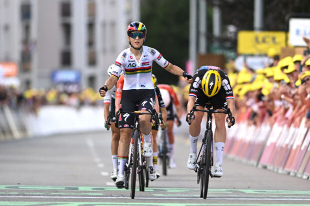 A general view of Kimberley Le Court Pienaar of Mauritius and Team AG Insurance - Soudal celebrates at finish line as stage winner ahead of Demi Vollering of Netherlands and Team FDJ - SUEZ and Anna Van Der Breggen of Netherlands and Team SD Worx - Protime during the 4th Tour de France Femmes 2025, Stage 5 a 165.8km stage from Chasseneuil-du-Poitou (Futuroscope) to Gueret / #UCIWWT / on July 30, 2025 in Gueret, France. (Photo by Szymon Gruchalski/Getty Images)