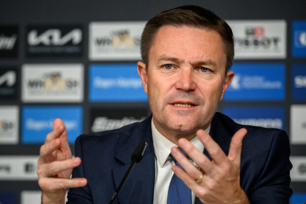 UCI President David Lappartient delivers a press conference during the UCI 2024 Cycling Road World Championships, in Zurich, on September 28, 2024, a day after the death of Swiss teenage cyclist Muriel Furrer following a head injury during the UCI 2024 Road World Championships. Swiss teenage cyclist Muriel Furrer died on September 27, 2024, a day after suffering a serious head injury in a crash during the women's junior road race at the world championships. (Photo by Fabrice COFFRINI / AFP) (Photo by FABRICE COFFRINI/AFP via Getty Images)
