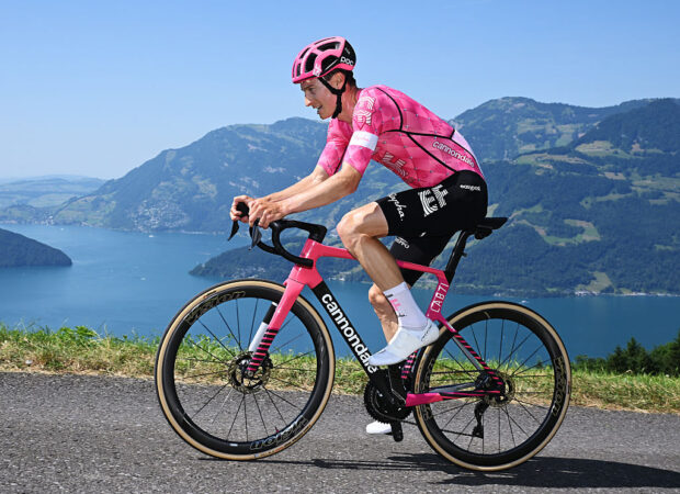 STOCKHUTTE, SWITZERLAND - JUNE 22: Neilson Powless of United States and Team EF Education - EasyPost competes during the 88th Tour de Suisse 2025, Stage 8 a 10km individual time trial stage from Beckenried to Stockhutte 1268m / #UCIWT / on June 22, 2025 in Stockhutte, Switzerland. (Photo by Tim de Waele/Getty Images)