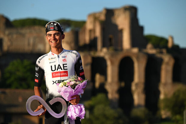 ROME, ITALY - JUNE 01: Isaac Del Toro of Mexico and Team UAE Team Emirates - XRG celebrates at podium as second place winner during the 108th Giro d'Italia 2025, Stage 21 a 144.8km stage from Rome to Rome / #UCIWT / on June 01, 2025 in Rome, Italy. (Photo by Dario Belingheri/Getty Images)