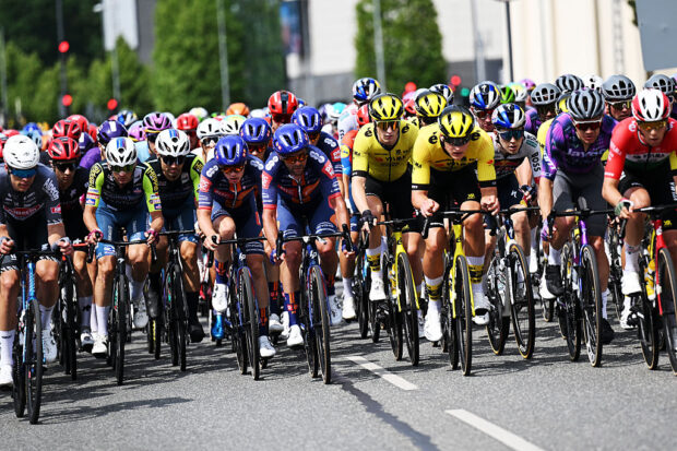 COPENHAGEN, DENMARK - JUNE 22: A general view of the peloton competing during the 1st Copenhagen Sprint 2025 - Men's Elite a 235.6km one day race from Roskilde to Copenhagen / #UCIWT / on June 22, 2025 in Copenhagen, Denmark. (Photo by Szymon Gruchalski/Getty Images)