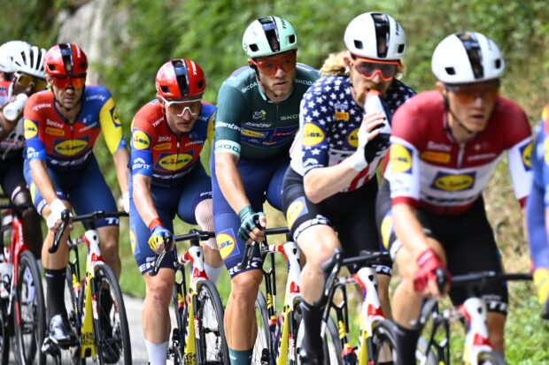 Belgian Edward Theuns of Lidl-Trek, Italian Simone Consonni of Lidl-Trek, Italian Jonathan Milan of Lidl-Trek and US' Quinn Simmons of Lidl-Trek pictured in action during stage 19 of the 2025 Tour de France cycling race, from Albertville to La Plagne (130km), on Friday 25 July 2025 in France. The 112th edition of the Tour de France starts on Saturday 5 July in Lille, France, and will finish in Paris, France on the 27th of July. BELGA PHOTO JASPER JACOBS (Photo by JASPER JACOBS / BELGA MAG / Belga via AFP) (Photo by JASPER JACOBS/BELGA MAG/AFP via Getty Images)