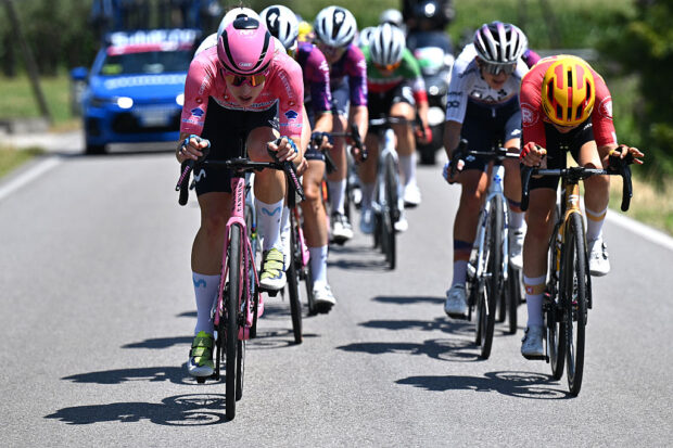 MONSELICE, ITALY - JULY 10: (L-R) Marlen Reusser of Switzerland and Team Movistar - Pink Leader Jersey and Katrine Aalerud of Norway and Team Uno-X Mobility compete during the 36th Giro d'Italia Women 2025, Stage 5 a 120km stage from Mirano to Monselice / #UCIWWT / on July 10, 2025 in Monselice, Italy. (Photo by Luc Claessen/Getty Images)