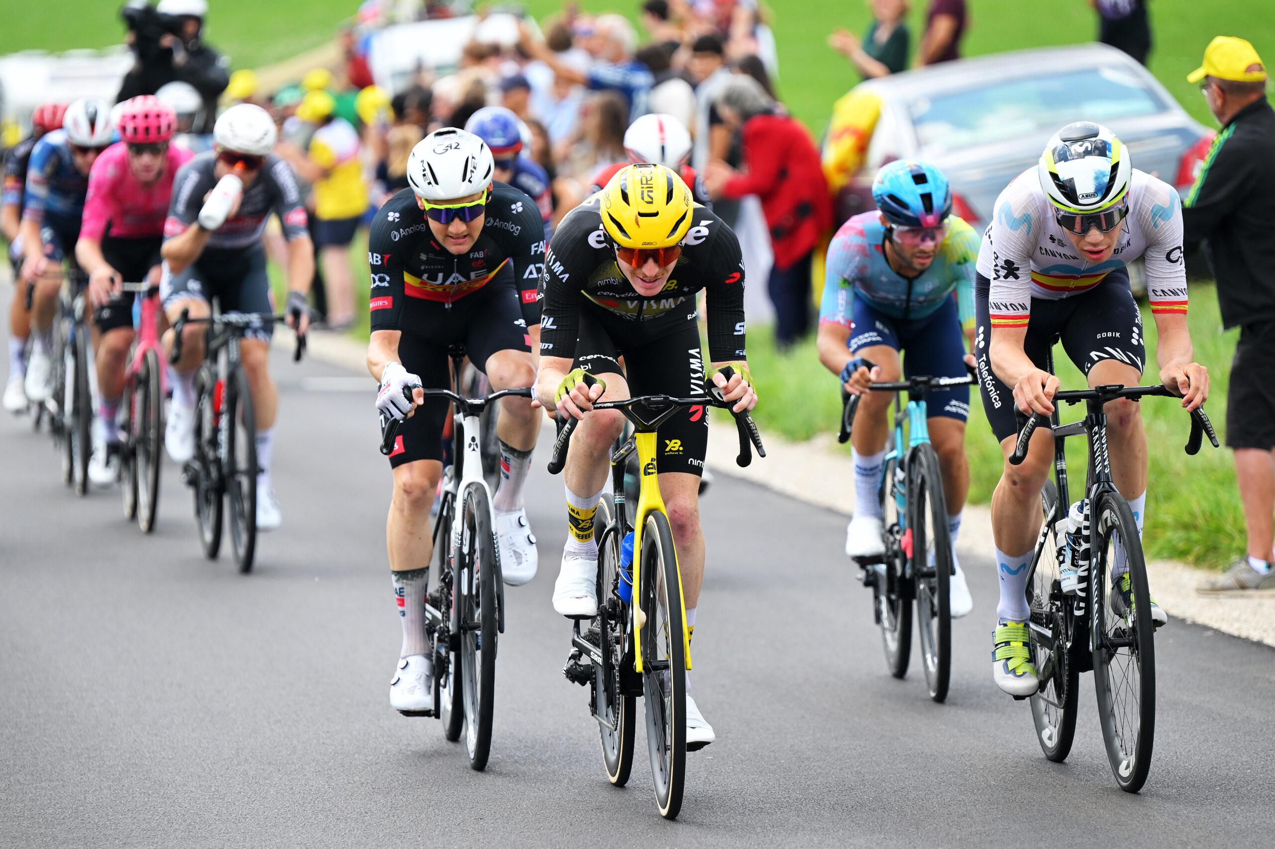 PONTARLIER, FRANCE - JULY 26: (L-R) Tim Wellens of Belgium and UAE Team Emirates - XRG, Matteo Jorgenson of The United States and Team Visma