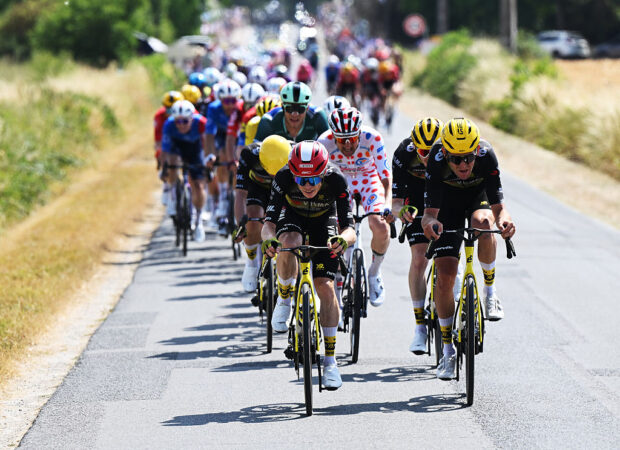 CHATEAUROUX, FRANCE - JULY 13: (L-R) Jonas Vingegaard of Denmark and Tiesj Benoot of Belgium and Team Visma