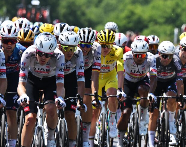 CHATEAUROUX, FRANCE - JULY 13: (L-R) Nils Politt of Germany and Tadej Pogacar of Slovenia and UAE Team Emirates - XRG - Yellow Leader Jersey compete during the 112th Tour de France 2025, Stage 9 a 174.1km stage from Chinon to Chateauroux ) / #UCIWT / on July 13, 2025 in Chateauroux, France. (Photo by Dario Belingheri/Getty Images)