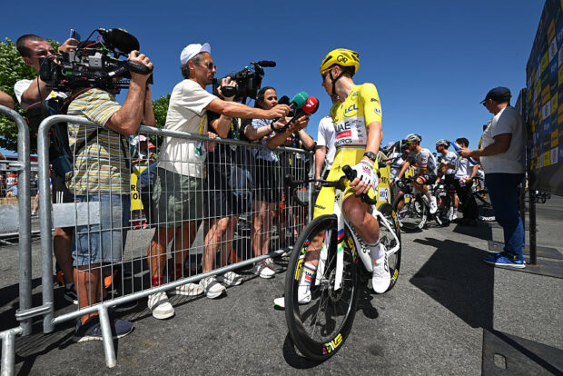 SAINT-MEEN-LE-GRAND, FRANCE - JULY 12: Tadej Pogacar of Slovenia and UAE Team Emirates - XRG - Yellow leader jersey meets the media press prior to the 112th Tour de France, Stage 8 a 197km stage from Saint-Meen-le-Grand to Laval (Espace Mayenne) / #UCIWT / on July 12, 2025 in Saint-Meen-le-Grand, France. (Photo by Dario Belingheri/Getty Images)