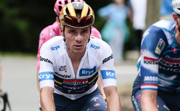Belgian Remco Evenepoel of Soudal Quick-Step pictured in action during stage 14 of the 2025 Tour de France cycling race, from Pau to Luchon-Superbagneres (183 km), on Saturday 19 July 2025 in France. The 112th edition of the Tour de France starts on Saturday 5 July in Lille, France, and will finish in Paris, France on the 27th of July. BELGA PHOTO POOL LUCA BETTINI (Photo by POOL LUCA BETTINI / BELGA MAG / Belga via AFP) (Photo by POOL LUCA BETTINI/BELGA MAG/AFP via Getty Images)