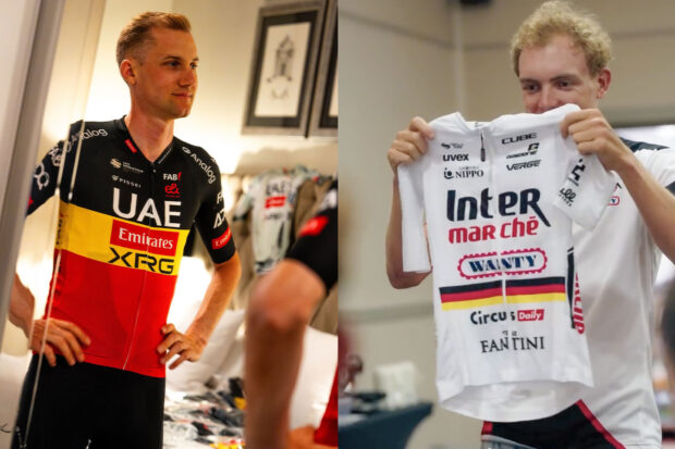 Belgian road champion Tim Wellens and German road champion Georg Zimmermann with their 2025 national champions' jerseys
