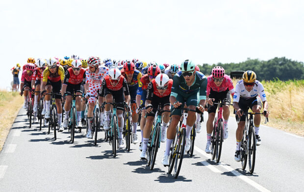 CHATEAUROUX, FRANCE - JULY 13: (L-R) Raul Garcia Pierna of Spain and Team Arkea - B&amp;B Hotels, Jonathan Milan of Italy and Team Lidl - Trek - Green Sprint Jersey, Neilson Powless of The United States and Team EF Education - EasyPost and Remco Evenepoel of Belgium and Team Soudal Quick-Step - White best young jersey compete during the 112th Tour de France 2025, Stage 9 a 174.1km stage from Chinon to Chateauroux ) / #UCIWT / on July 13, 2025 in Chateauroux, France. (Photo by Dario Belingheri/Getty Images)