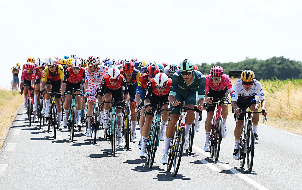 CHATEAUROUX, FRANCE - JULY 13: (L-R) Raul Garcia Pierna of Spain and Team Arkea - B&amp;B Hotels, Jonathan Milan of Italy and Team Lidl - Trek - Green Sprint Jersey, Neilson Powless of The United States and Team EF Education - EasyPost and Remco Evenepoel of Belgium and Team Soudal Quick-Step - White best young jersey compete during the 112th Tour de France 2025, Stage 9 a 174.1km stage from Chinon to Chateauroux ) / #UCIWT / on July 13, 2025 in Chateauroux, France. (Photo by Dario Belingheri/Getty Images)