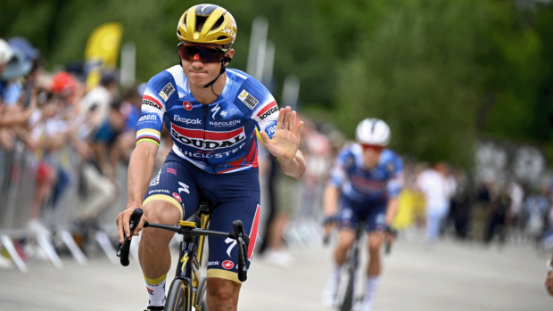Belgian Remco Evenepoel of Soudal Quick-Step pictured at the start of the first stage, Lille Metropole to Lille Metropole (185 km), of the 2025 Tour de France cycling race, in Lille, France, on Saturday 05 July 2025. The 112th edition of the Tour de France starts on Saturday 5 July in Lille, France, and will finish in Paris, France on the 27th of July. BELGA PHOTO JASPER JACOBS (Photo by JASPER JACOBS / BELGA MAG / Belga via AFP) (Photo by JASPER JACOBS/BELGA MAG/AFP via Getty Images)
