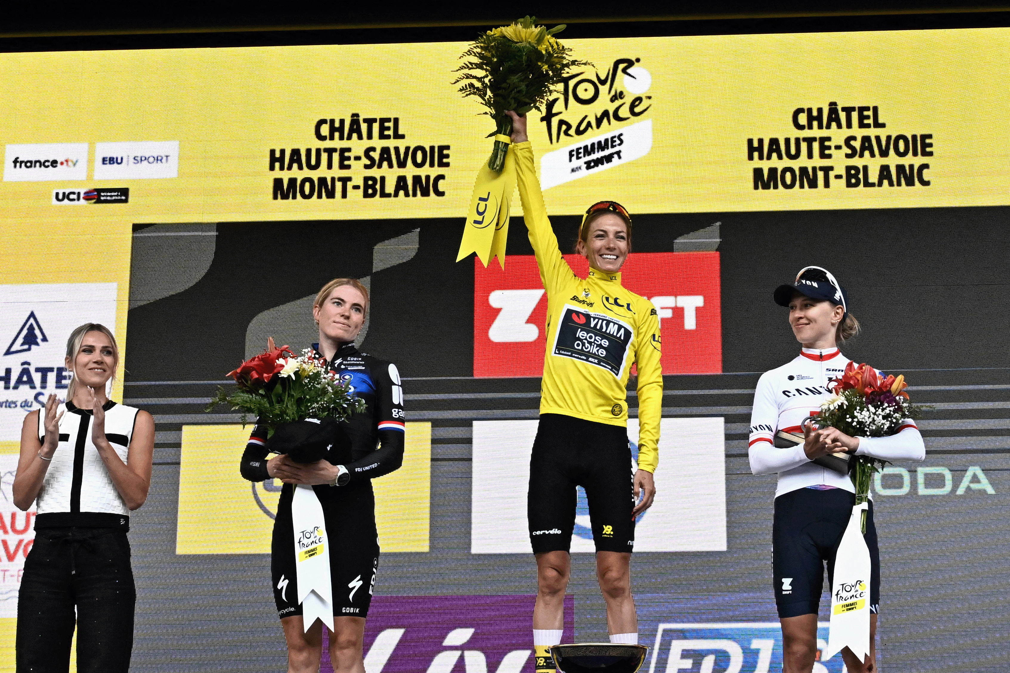 Second-placed FDJ-SUEZ team's Dutch rider Demi Vollering, winner Team Visma