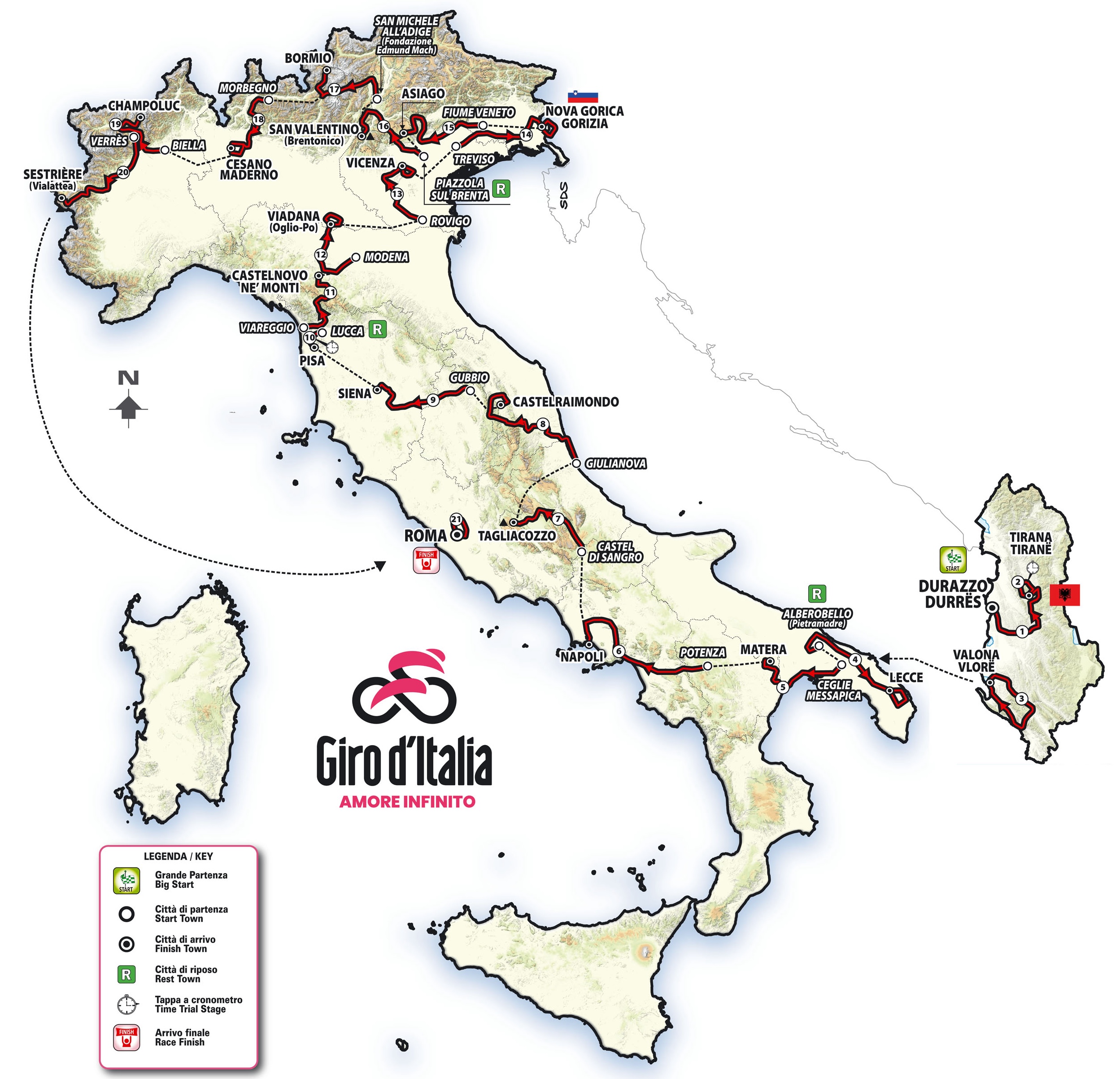 Ruta general para 21 etapas del 2025 Giro D ' Italia