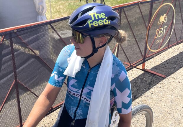 Melisa Rollins (Liv Racing Collective) stops beyond the finish line after winning 2025 SBT GRVL