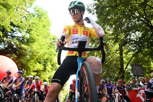 Paul Lapeira of France and Team Decathlon AG2R La Mondiale - Yellow Leader Jersey prior to the 82nd Tour de Pologne 2025, Stage 4 a 198.8km stage from Rybnik to Cieszyn / #UCIWT / on August 07, 2025 in Rybnik, Poland. (Photo by Luc Claessen/Getty Images)