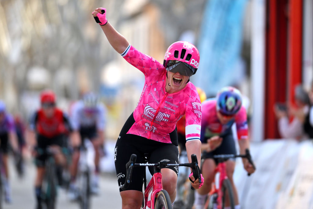 FELANITX SPAIN JANUARY 25 Lotta Henttala of Filand and Team EF EducationOatly celebrates at finish line as race winner the 2nd Challenge Femenino Ciclista Mallorca 2025 Trofeo Marratxi Felanitx a 1291km one day race from Marratxi to Felanitx on January 25 2025 in Felanitx Spain Photo by Tim de WaeleGetty Images