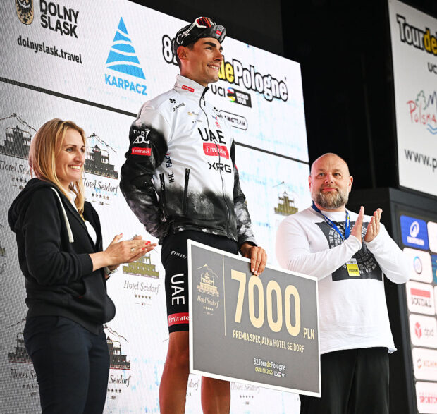 KARPACZ, POLAND - AUGUST 05: Filippo Baroncini of Italy and UAE Team Emirates - XRG celebrates at podium as special prize winner during the 82nd Tour de Pologne 2025, Stage 2 a 149.4km stage from Hotel Golebiewski Karpacz to Karpacz / #UCIWT / on August 05, 2025 in Karpacz, Poland. (Photo by Luc Claessen/Getty Images)