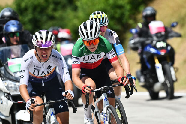 MONTE NERONE, ITALY - JULY 12: (L-R) Silvia Persico of Italy and Elisa Longo Borghini of Italy and UAE Team ADQ compete during the 36th Giro d'Italia Women 2025, Stage 7 a 150km stage from Fermignano to Monte Nerone 1396m / #UCIWWT / on July 12, 2025 in Monte Nerone, Italy. (Photo by Luc Claessen/Getty Images)