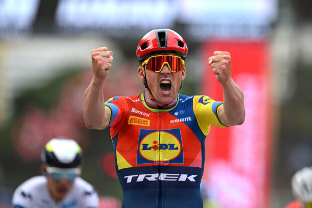 TIRANA, ALBANIA - MAY 09: Mads Pedersen of Denmark and Team Lidl - Trek celebrates at finish line as stage winner during the 108th Giro d'Italia 2025, Stage 1 a 160km stage from Durres to Tirana / #UCIWT / on May 09, 2025 in Tirana, Albania. (Photo by Dario Belingheri/Getty Images)