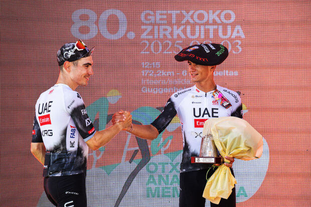 ) Juan Ayuso of Spain and UAE Team Emirates - XRG on second place and race winner Isaac Del Toro of Mexico and UAE Team Emirates - XRG pose on the podium ceremony after the the 80th Circuito de Getxo - Memorial Hermanos Otxoa 2025 a 172.2km one day race from Bilbao to Getxo on August 03, 2025 in Getxo - Bilbao, Spain. (Photo by Antonio Baixauli/Getty Images)