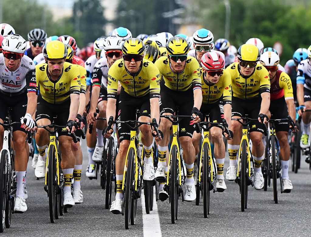 NOVARA, ITALY - AUGUST 23: (L-R) Wilco Kelderman of Netherlands, Dylan Van Baarle of Netherlands and Jonas Vingegaard of Denmark and Team Visma