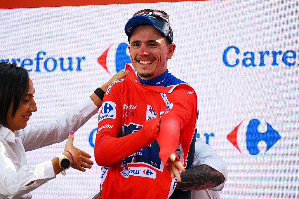 VOIRON, FRANCE - AUGUST 26: David Gaudu of France and Team Groupama - FDJ celebrates at podium as Red Leader Jersey winner during the La Vuelta - 80th Tour of Spain 2025, Stage 4 a 206.7km stage from Susa to Voiron / #UCIWT / on August 26, 2025 in Voiron, France. (Photo by Tim de Waele/Getty Images)