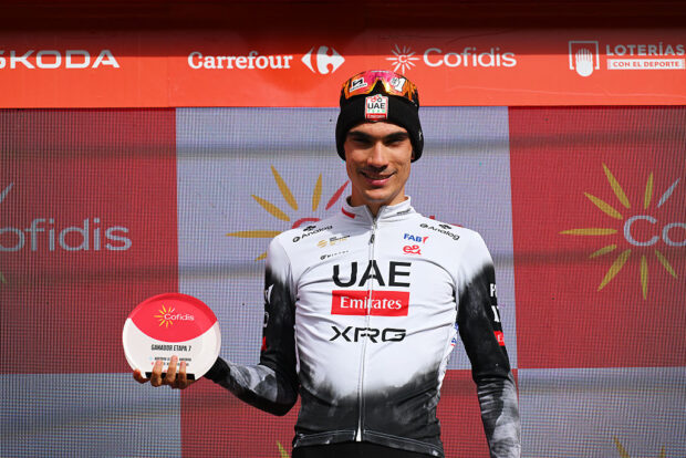 CERLER. HUESCA LA MAGIA, SPAIN - AUGUST 29: Juan Ayuso of Spain and UAE Team Emirates - XRG celebrates at podium as stage winner during the La Vuelta - 80th Tour of Spain 2025, Stage 7 a 188km stage from Andorra la Vella to Cerler. Huesca La Magia 1910m / #UCIWT / on August 29, 2025 in Cerler. Huesca La Magia, Spain. (Photo by Tim de Waele/Getty Images)