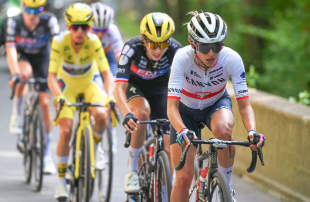CHATEL LES PORTES DU SOLEIL, FRANCE - AUGUST 03: Katarzyna Niewiadoma of Poland and Team CANYON//SRAM zondacrypto competes in the breakaway during the 4th Tour de France Femmes 2025, Stage 9 a 124.1km stage from Praz-sur-Arly to Chatel Les Portes du Soleilon 1298m / #UCIWWT / August 03, 2025 in Chatel Les Portes du Soleil, France. (Photo by Tim de Waele/Getty Images)