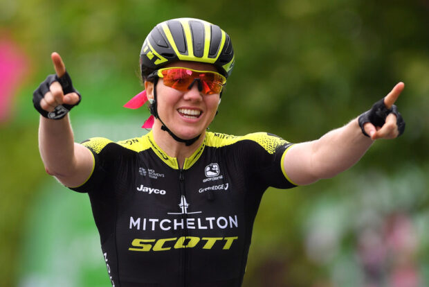 LEAMINGTON SPA, ENGLAND - JUNE 15: Arrival / Sarah Roy of Australia and Team Mitchelton-Scott / Celebration / during the 5th OVO Energy Women's Tour 2018, Stage 3 a 151km stage from Atherstone to Royal Leamington Spa on June 15, 2018 in Leamington Spa, England. (Photo by Justin Setterfield/Getty Images)